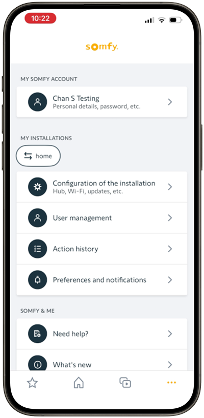 TaHoma by Somfy app settings menu with owner's name at the top and the User Management option.