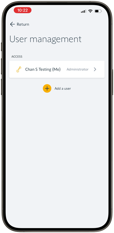 User Chan S' account with administrator permissions in the User Management screen.