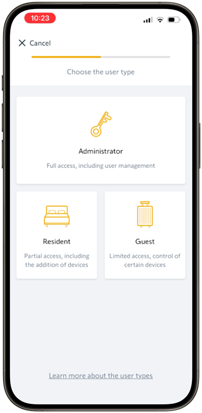The three user types including administrator, resident and guest permission levels.