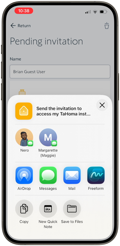 Invitation screen where you can select the contact you wish to share the invitation with via text or email.