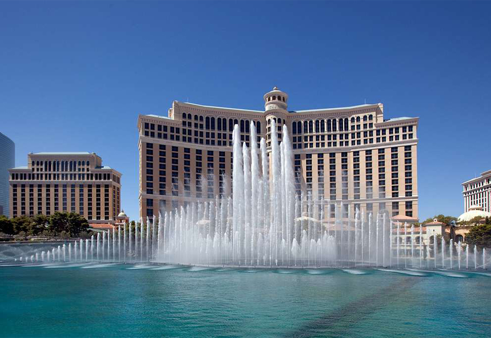The Bellagio Hotel and Casino in Las Vegas with fountains featured in the foreground.