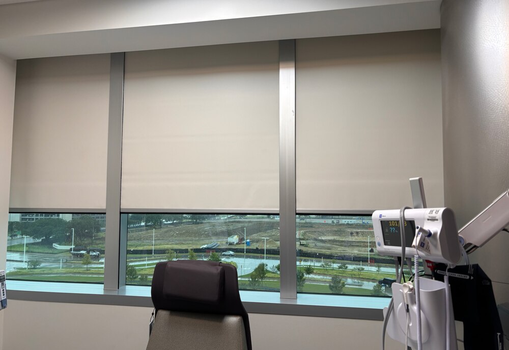Looking out the window from an exam room with the shades down.