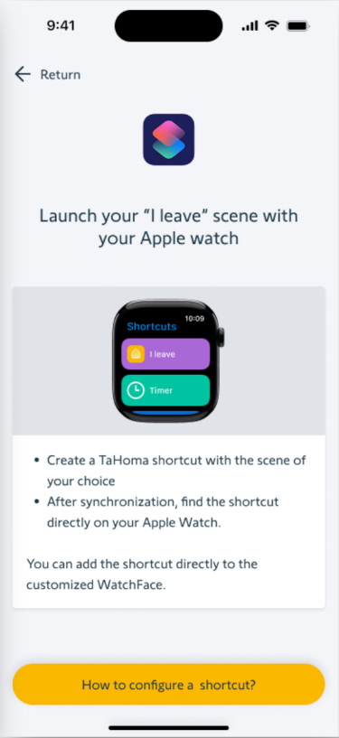 iPhone settings showing a user how to adda TaHoma scene to your Apple watch as a widget.