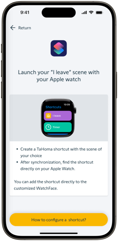 iPhone settings showing a user how to adda TaHoma scene to your Apple watch as a widget.