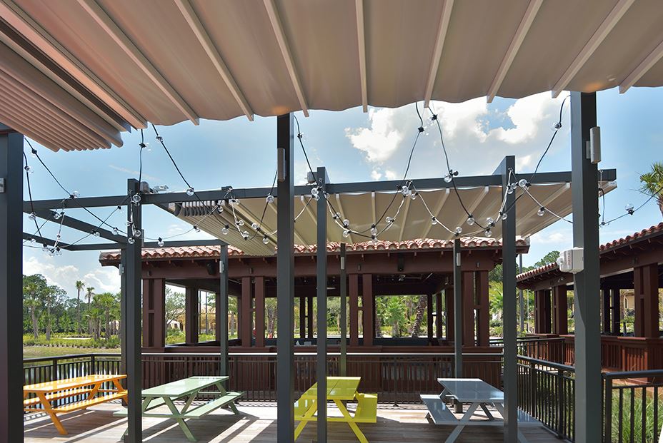 Retractable free standing patio deck pergola cover systems at Disney Four Seasons Hotel