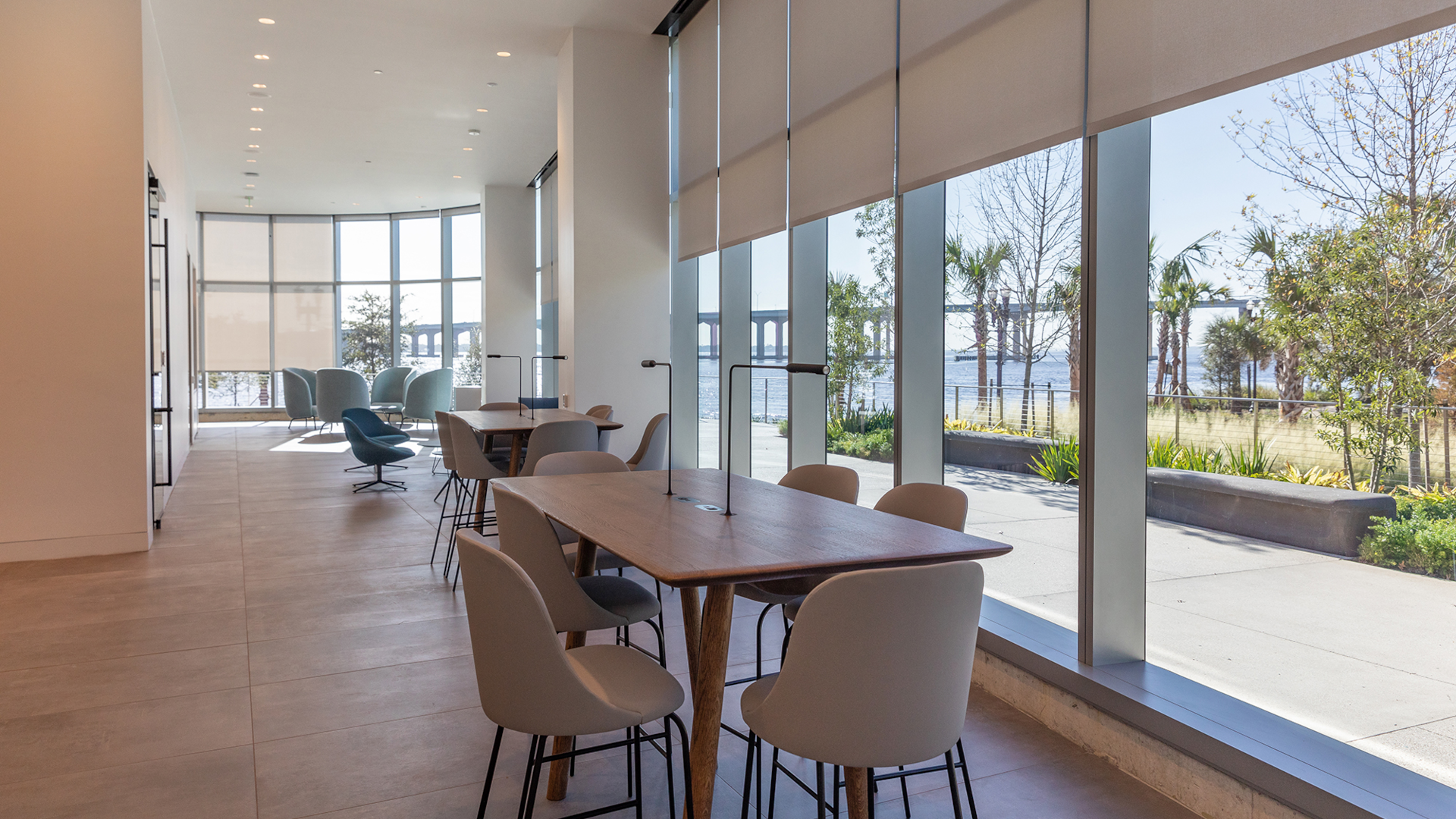 Shared working area with communal desks bathed in natural light from the floor to ceiling windows.