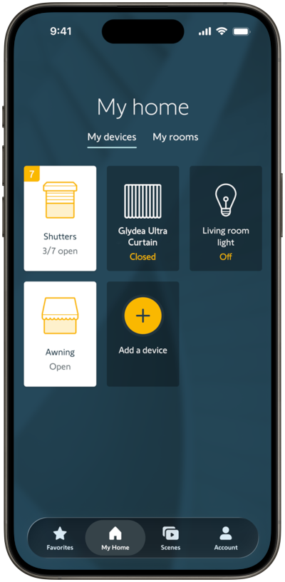 iPhone screenshot of the TaHoma by Somfy App showing the new accessibility improvements with Shutters and Awning devices actively selected.